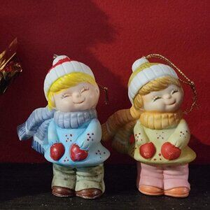 Vintage Hallmark Boy & Girl Ceramic Ornament Set